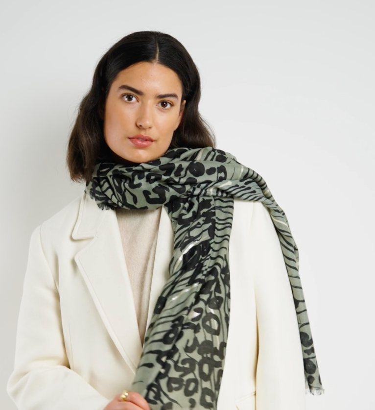 Katie Loxton Printed Foil Scarf - Abstract Animal - Khaki Green/Black/Silver