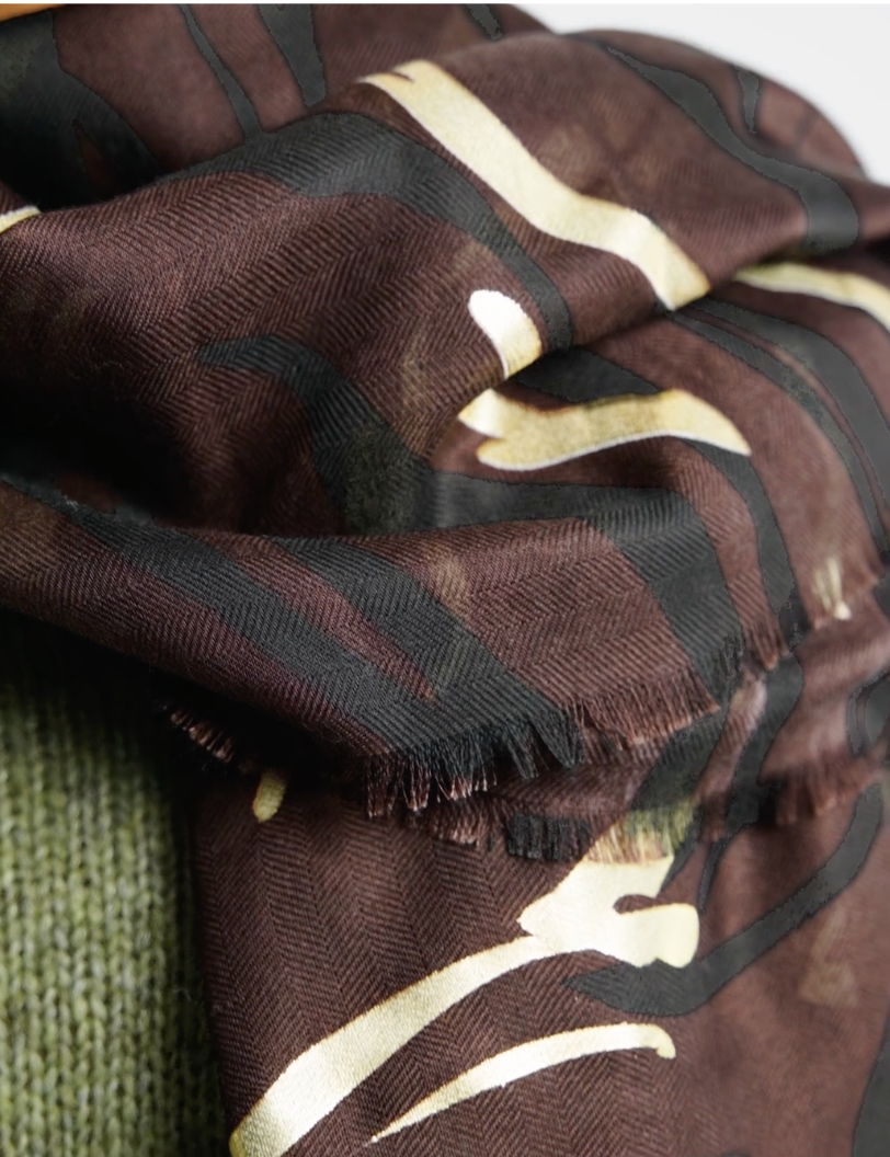 Katie Loxton Printed Foil Scarf -Zebra Chocolate/Black/Gold