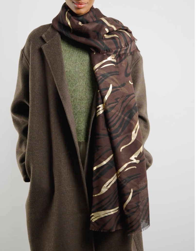 Katie Loxton Printed Foil Scarf -Zebra Chocolate/Black/Gold