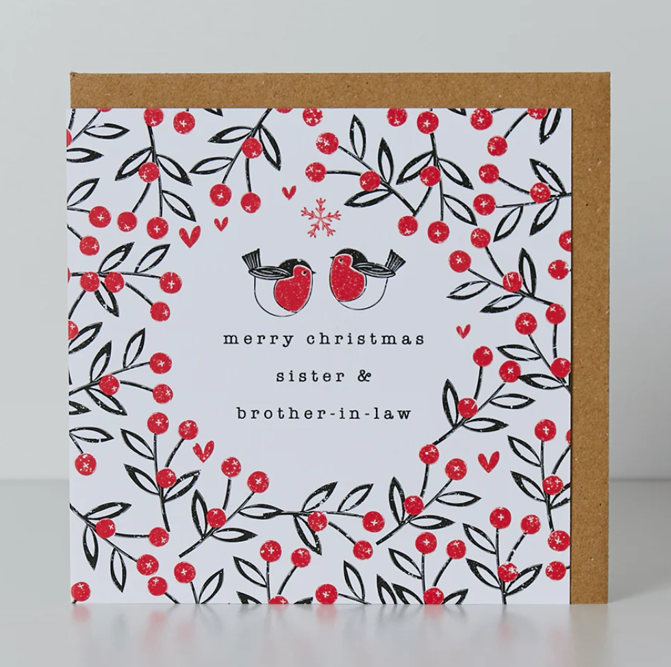 Belly Button Sister & Brother-in-Law Red Robins Small Christmas Card