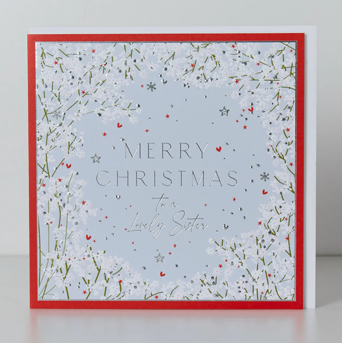 Belly Button Lovely Sister White Floral & Hearts Christmas Card