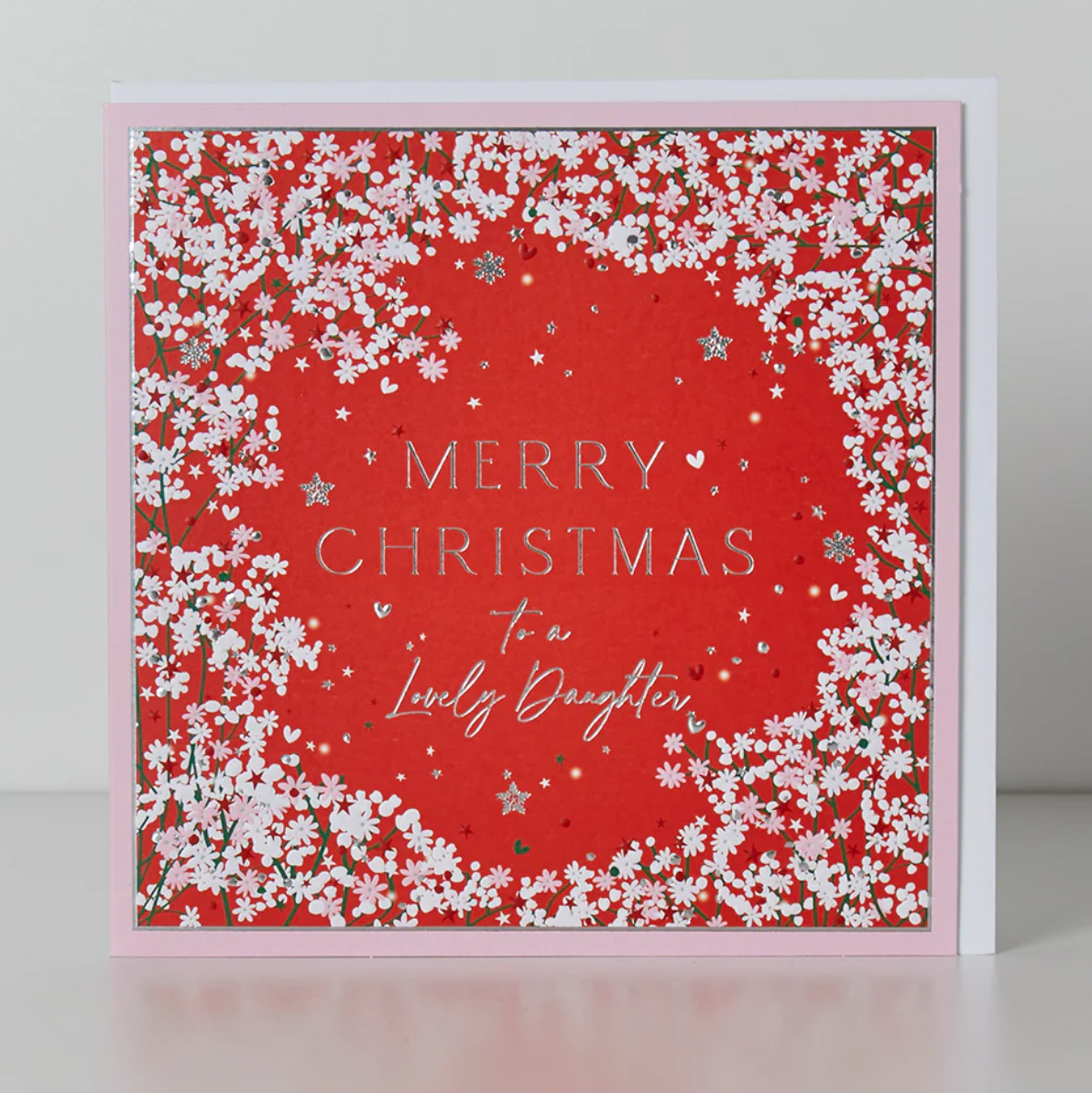 Belly Button Lovely Daughter White Floral on Red Christmas Card