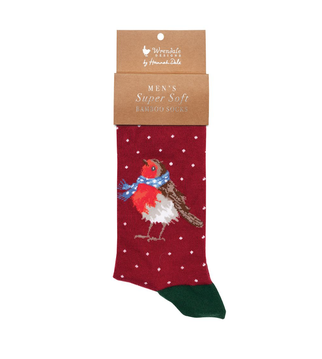 'Seasons Tweetings' Christmas Robin MENS Bamboo Socks - Red - Wrendale Designs