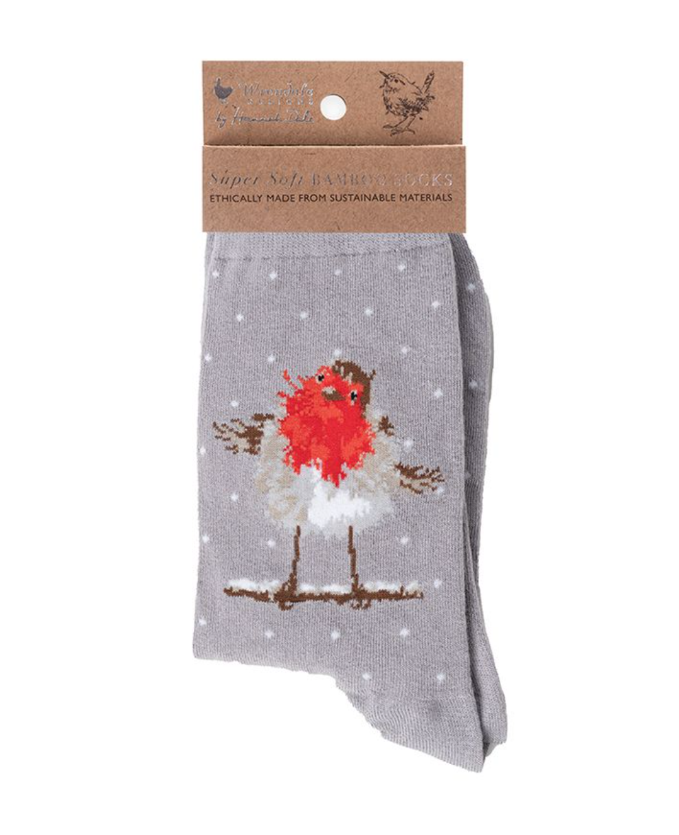 'Jolly Robin' Robin Christmas Ladies Ankle Bamboo Socks - Grey - Wrendale Designs