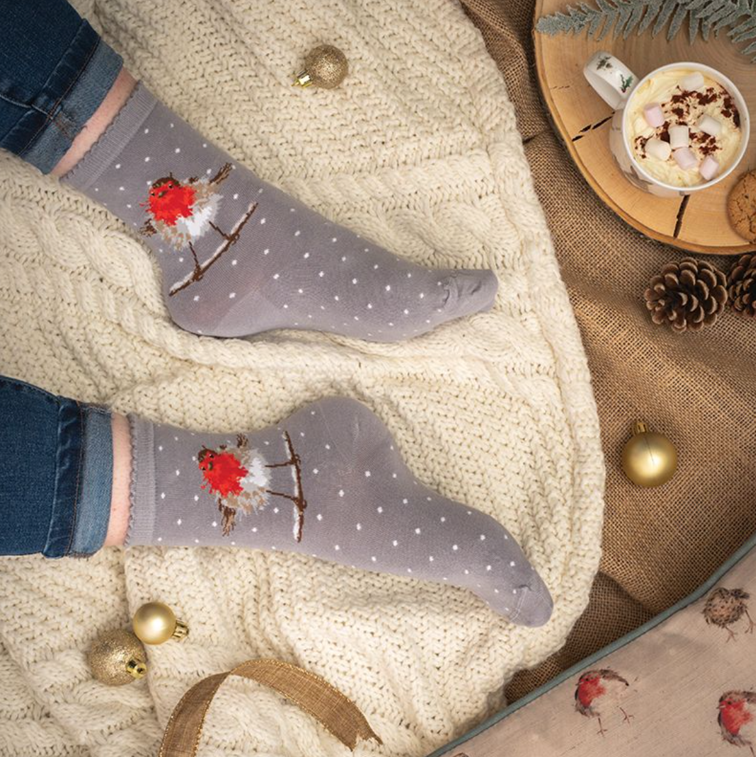 'Jolly Robin' Robin Christmas Ladies Ankle Bamboo Socks - Grey - Wrendale Designs