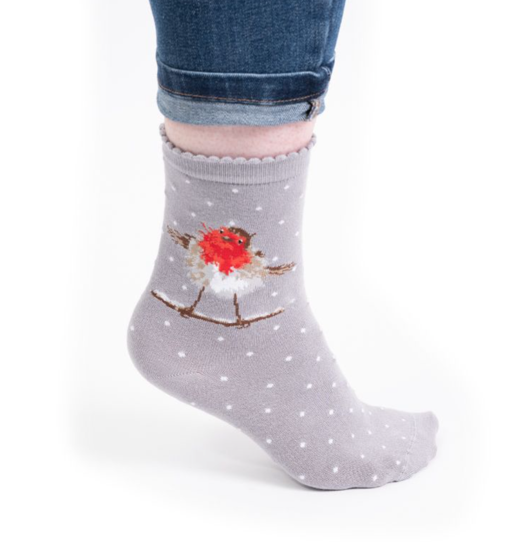 'Jolly Robin' Robin Christmas Ladies Ankle Bamboo Socks - Grey - Wrendale Designs