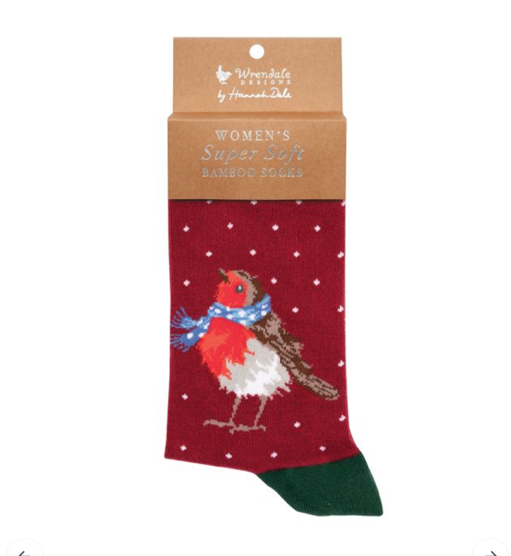 'Seasons Tweetings' Robin Christmas Ladies Ankle Bamboo Socks - Red - Wrendale Designs