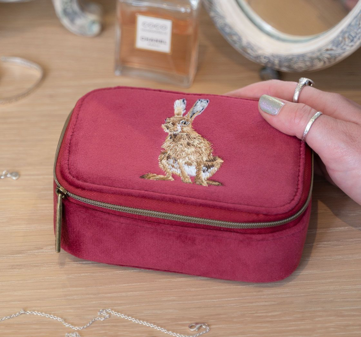 Wrendale Designs - Golden Hour (Hare) - Velvet Accessories Case/Jewellery Box - Burgundy
