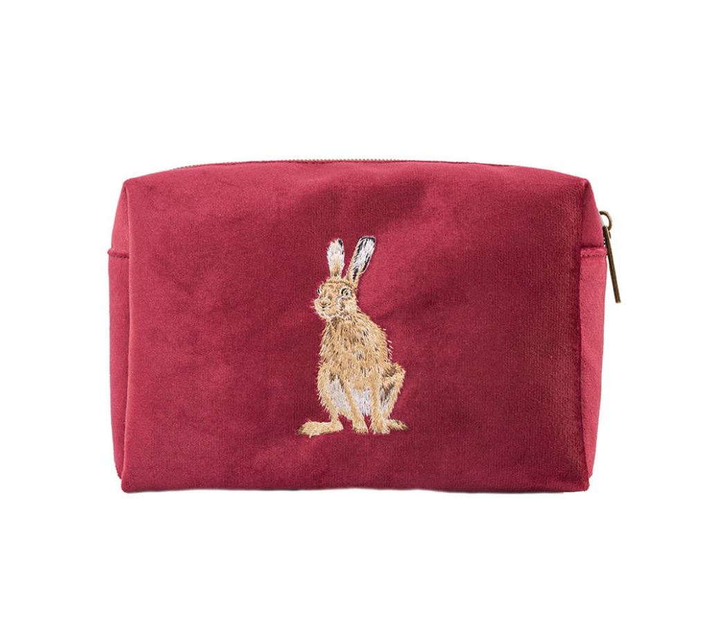 Wrendale Designs - Golden Hour (Hare) - Velvet Embroidered Cosmetic Bag - Burgundy