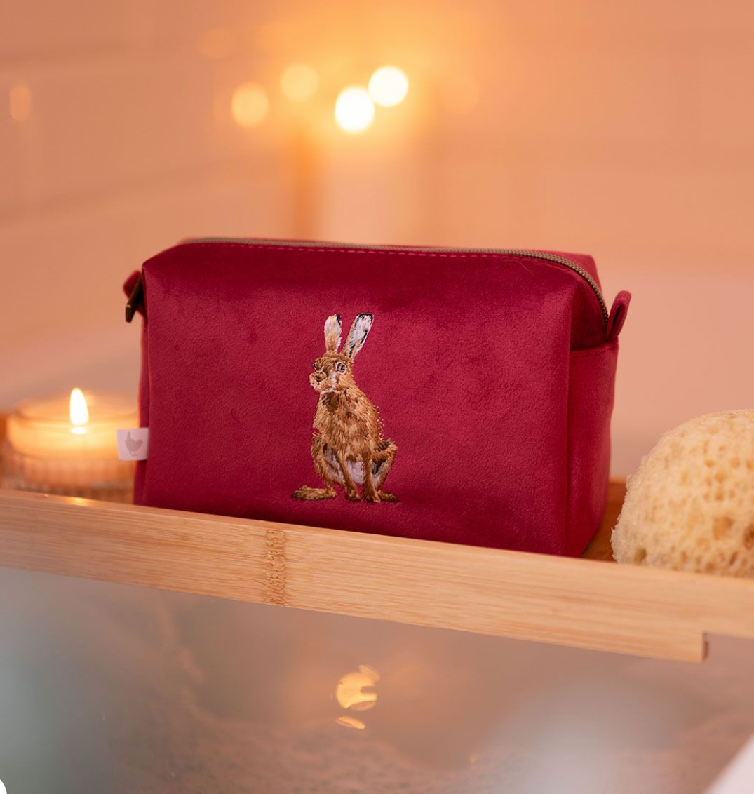 Wrendale Designs - Golden Hour (Hare) - Velvet Embroidered Cosmetic Bag - Burgundy