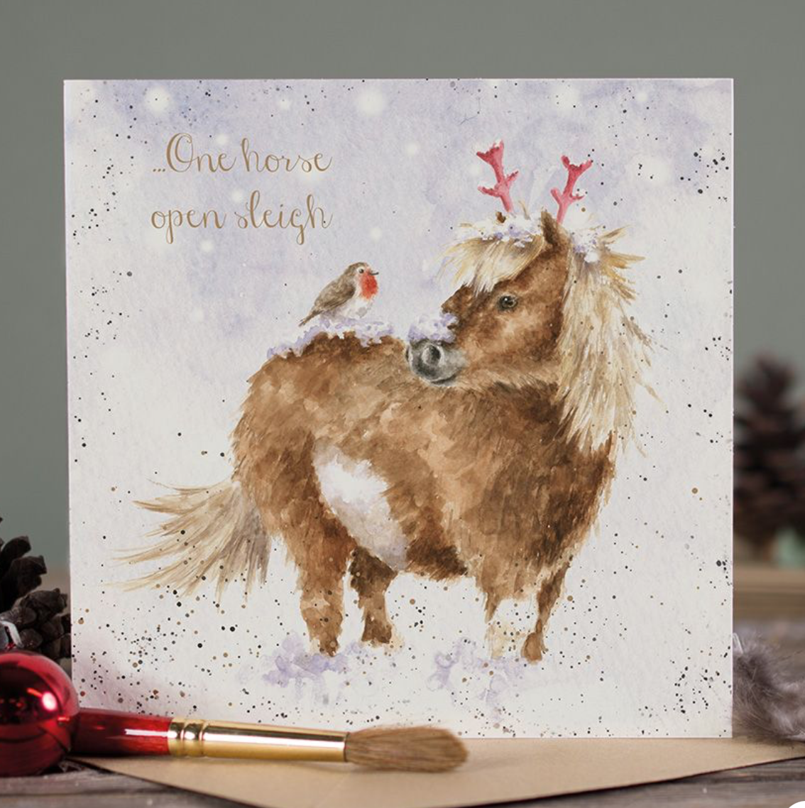 'One Horse Open Sleigh' Pony & Robin Christmas Card - Wrendale Designs