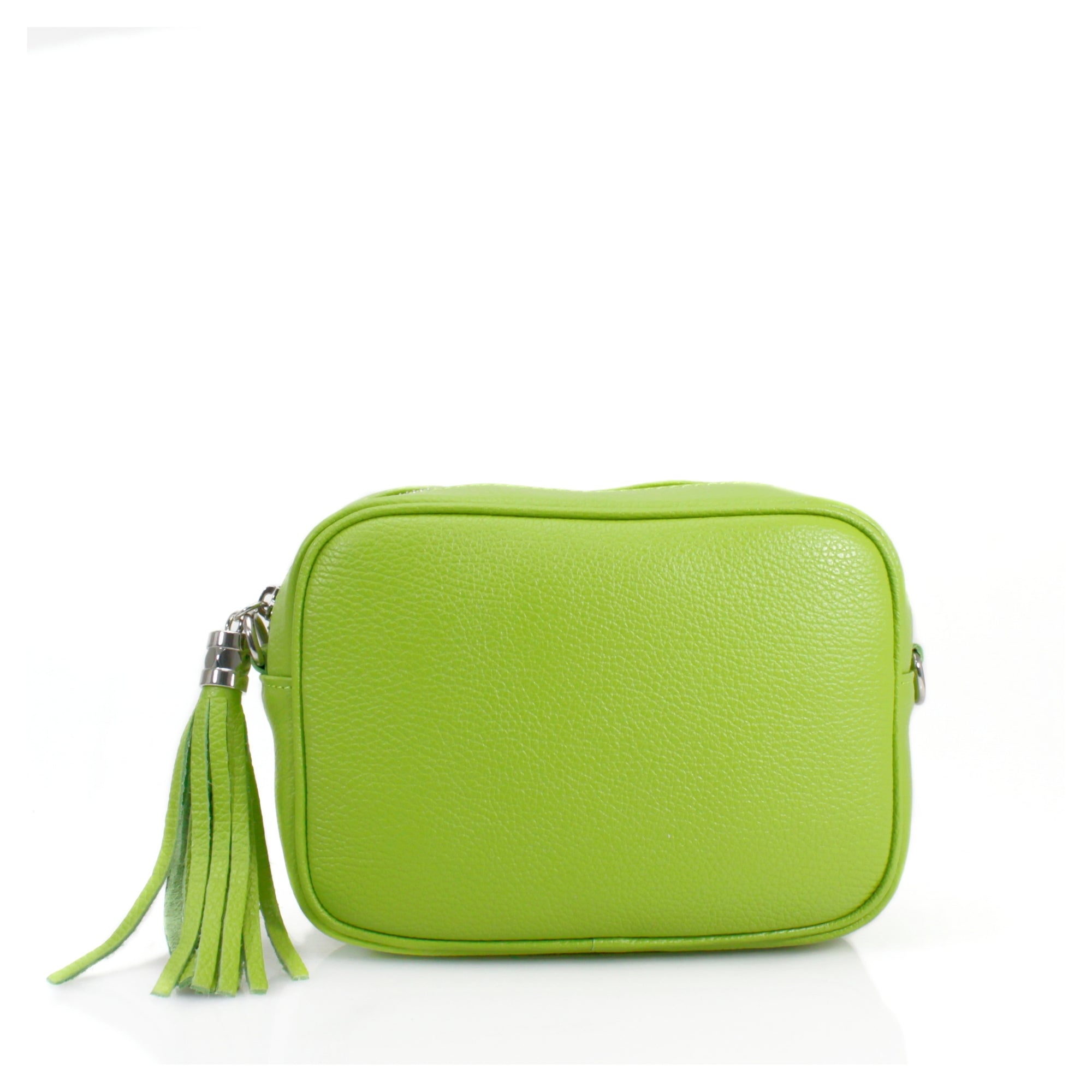 Leather Camera Tassel Crossbody Handbag - Lime Green (SILVER FITTINGS)