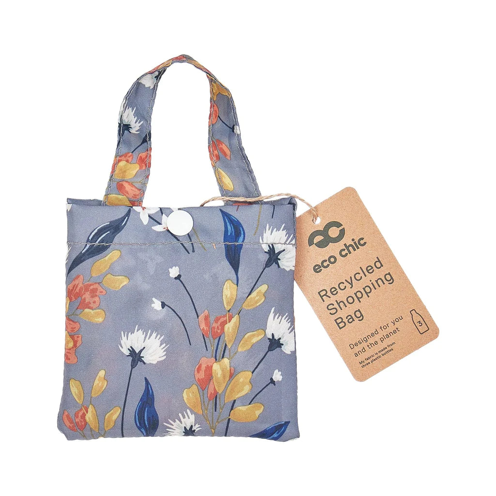 Eco Chic Foldable Recycled Shopping Bag - Flowers - Grey