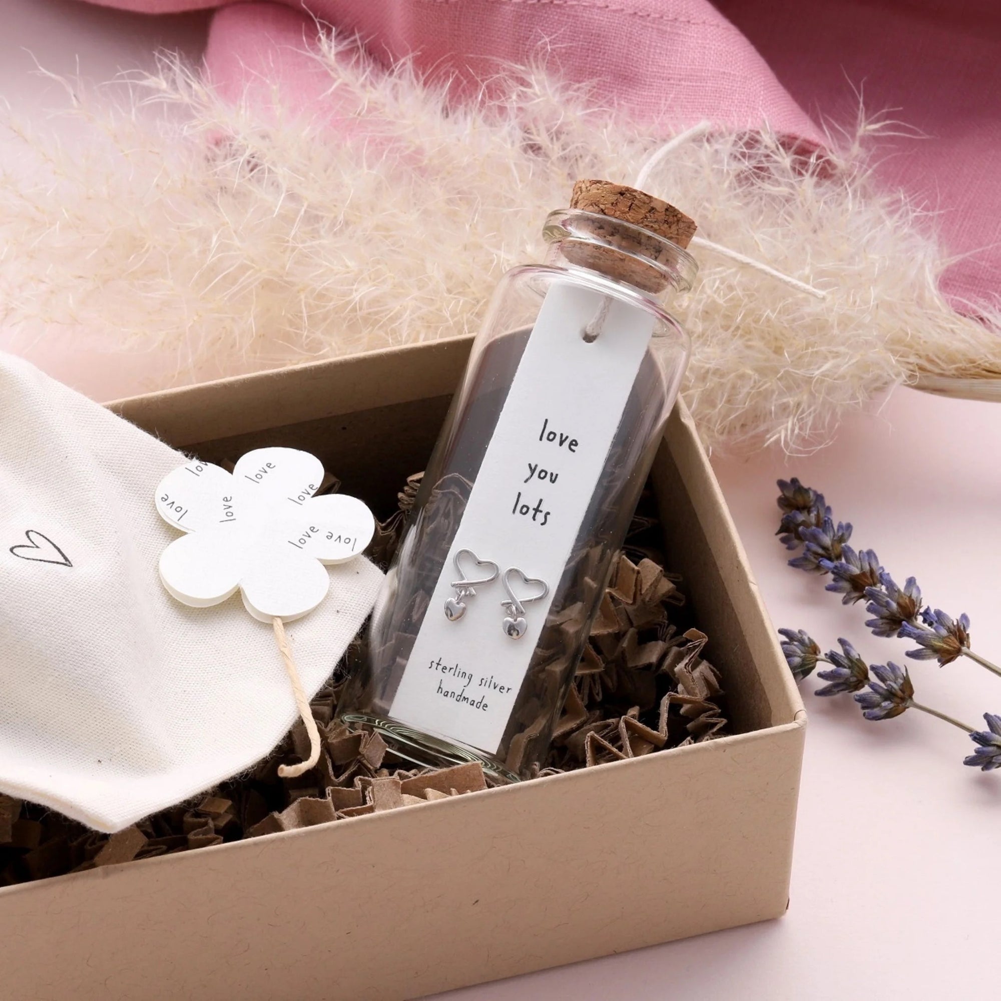 Love You Lots - Message in a Bottle - Sterling Silver double Heart Drop Stud Earrings