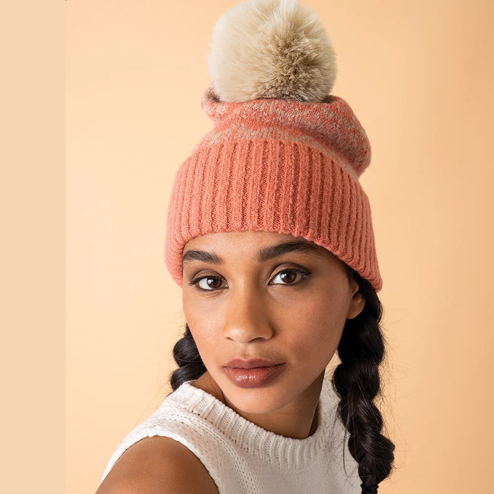 Powder Thora Bobble Hat - Coral/Taupe