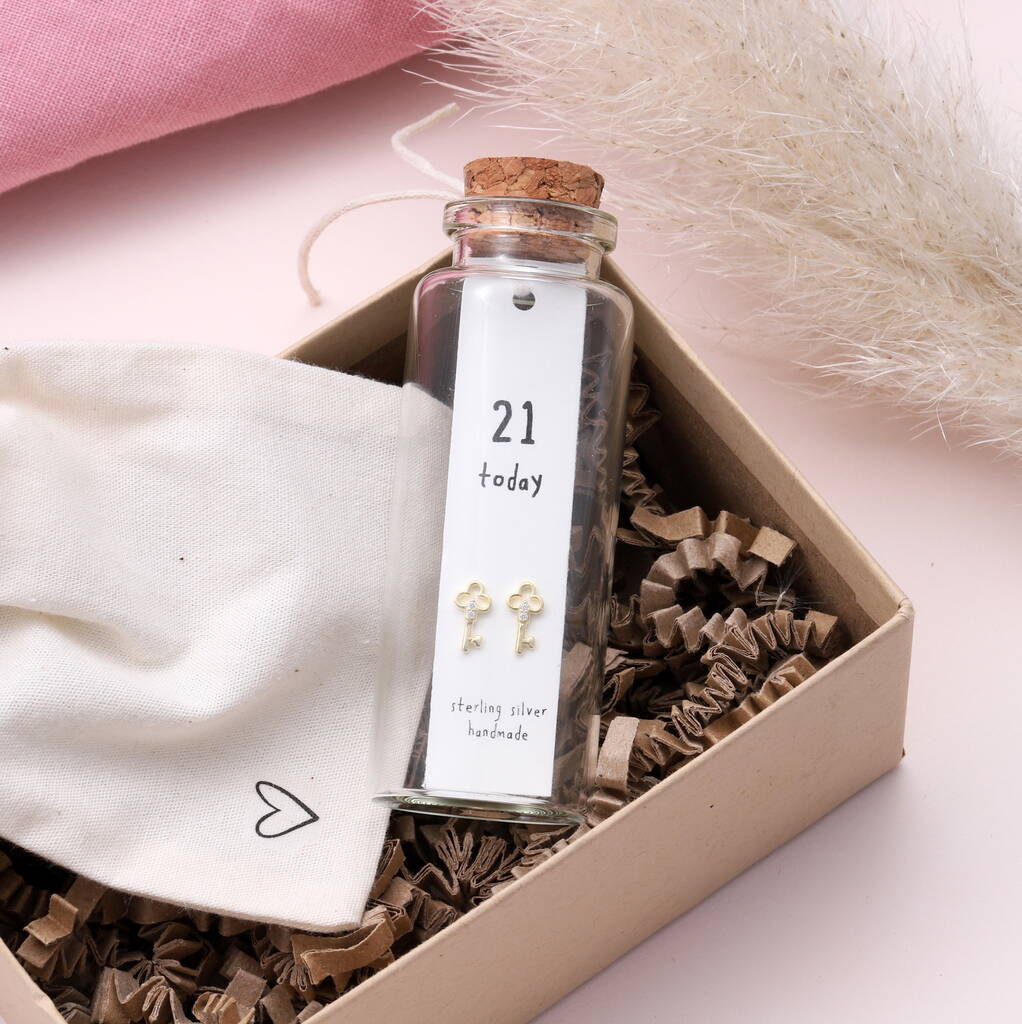 21 Today - Message in a Bottle - Crystal Key Stud Earrings - Sterling Silver