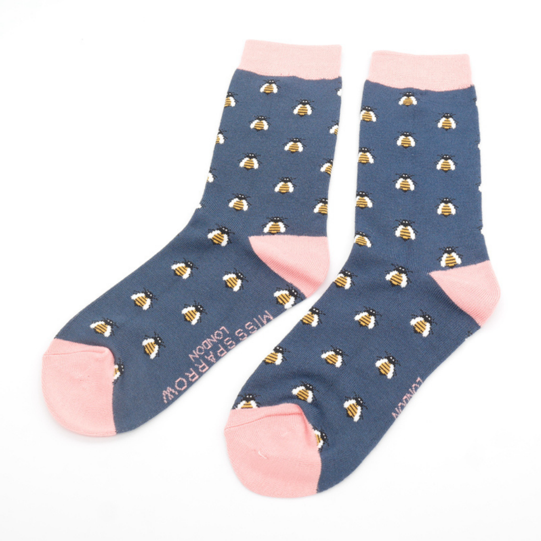 Miss Sparrow Ladies Bamboo Ankle Socks - Honey Bees - Navy Blue