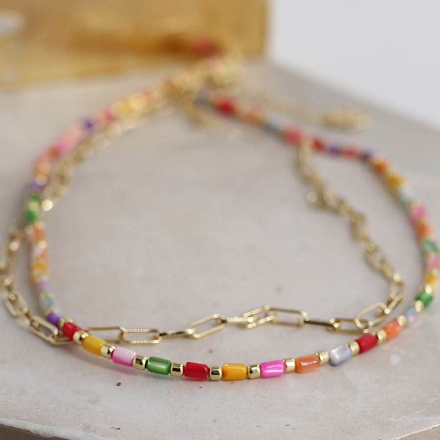POM Rainbow Shell & Gold Plated Chain Beaded Necklace