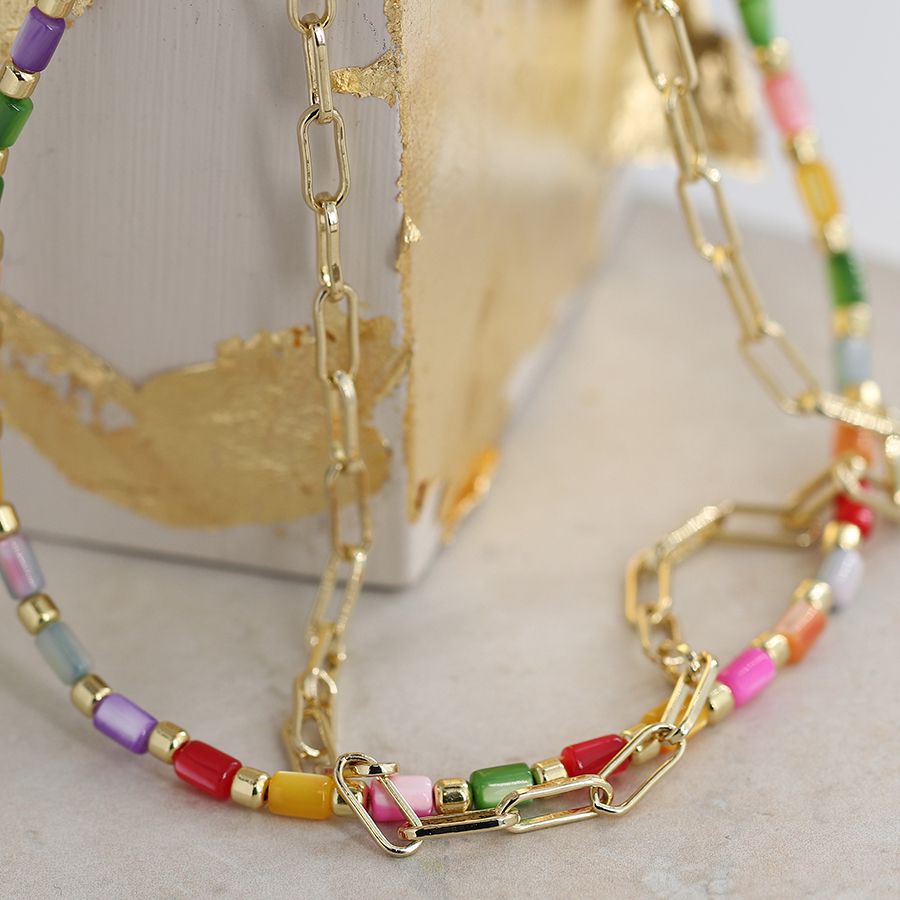 POM Rainbow Shell & Gold Plated Chain Beaded Necklace