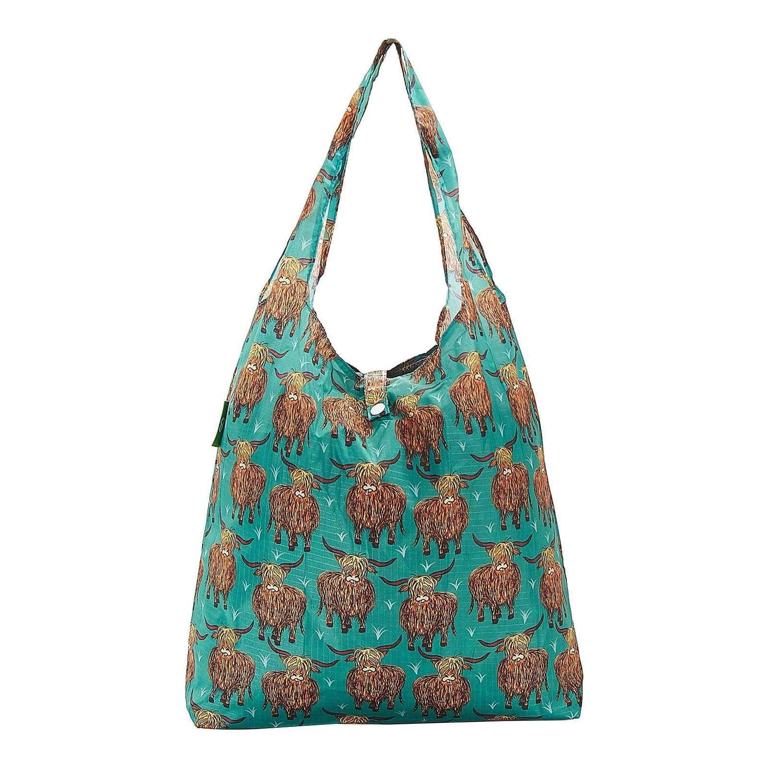 Eco Chic Foldable Recycled Shopping Bag - Highland Cow Teal
