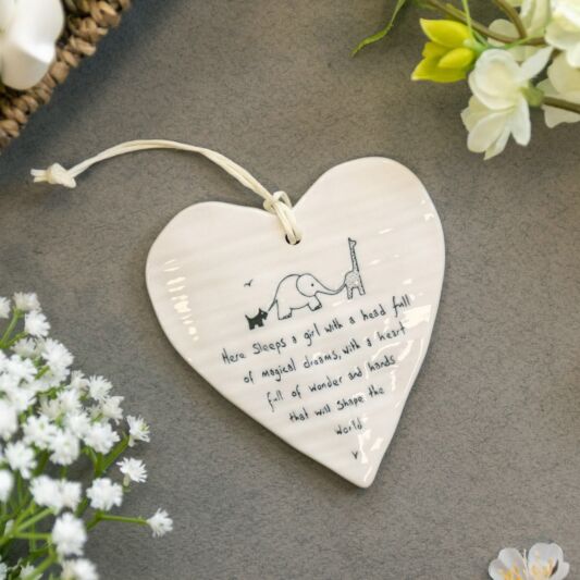 East of India Porcelain Wobbly Hanging Heart - Here Sleeps a Girl