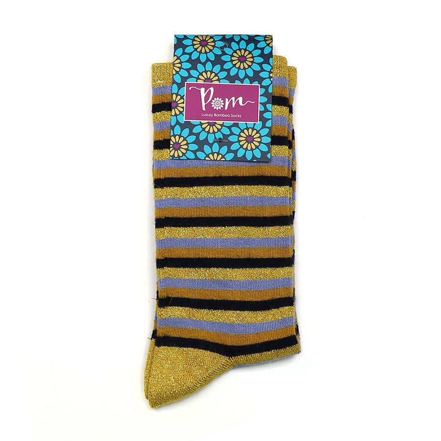 POM Mustard & Fine Black Stripe with Lurex Bamboo Ankle Socks