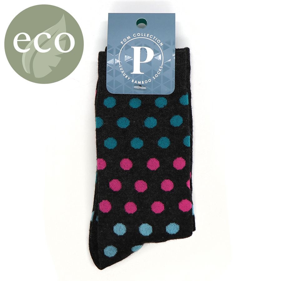 POM MENS Bamboo Spot Ankle Socks - Grey - Pink & Aqua Spot