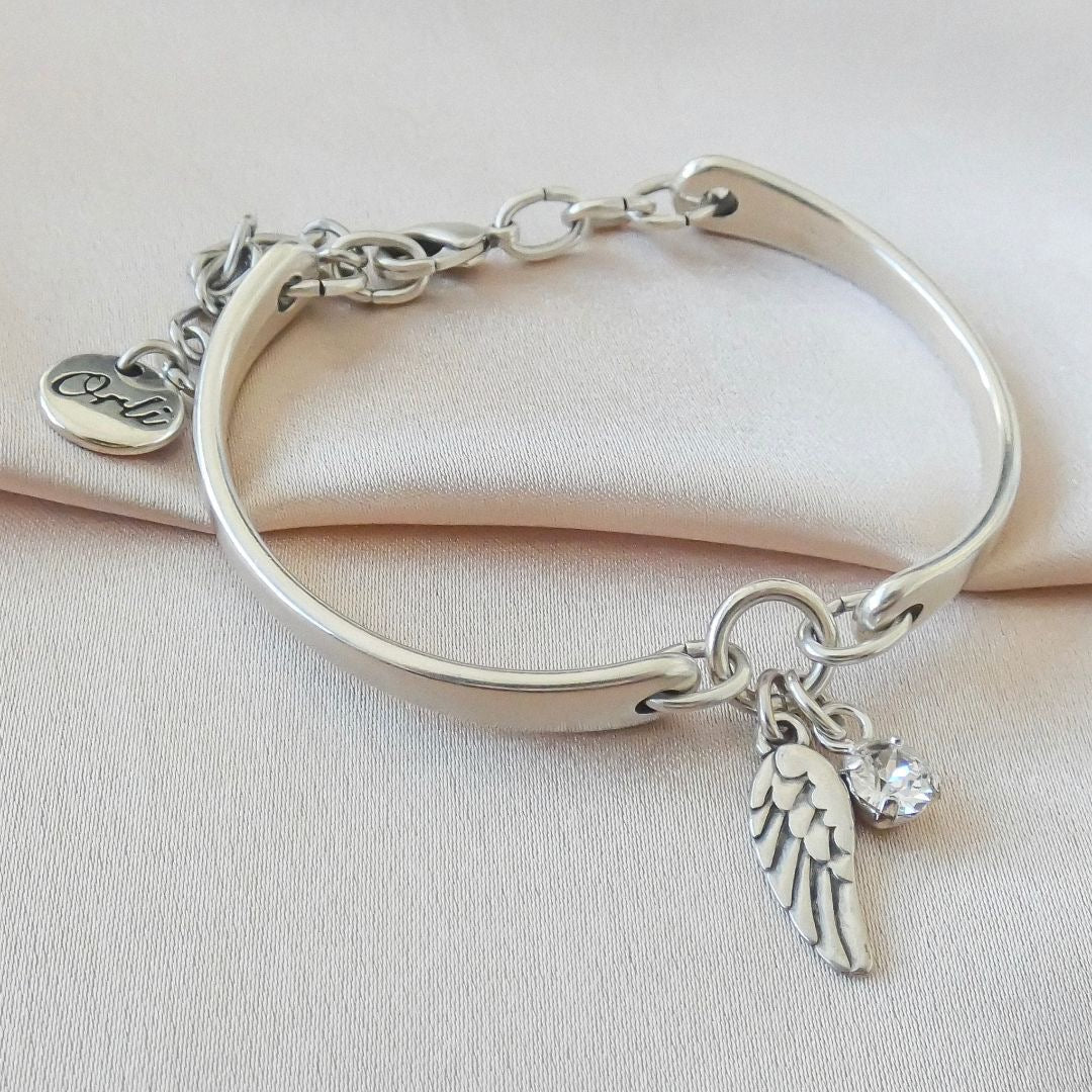 Orli Angel Wing & Crystal Bangle Bracelet - Silver