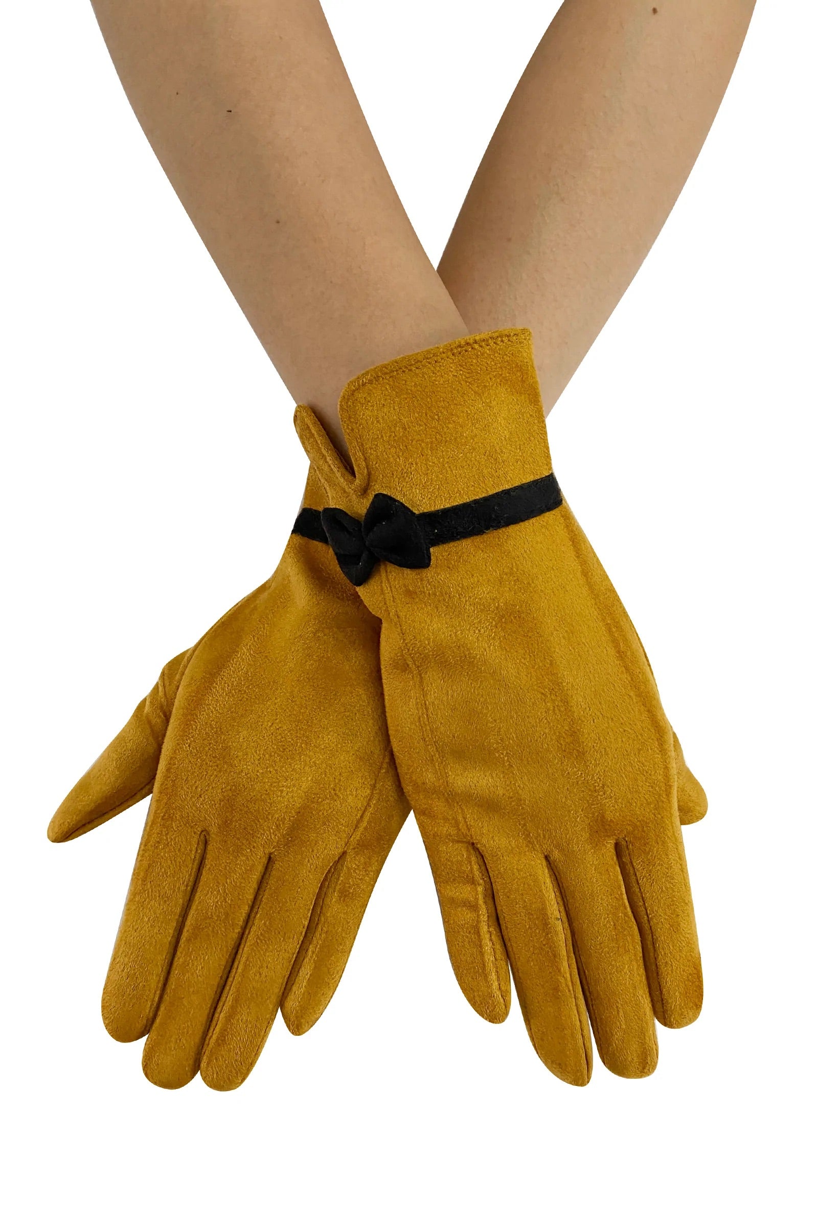 Classic Suedette Bow Gloves - Mustard/Black