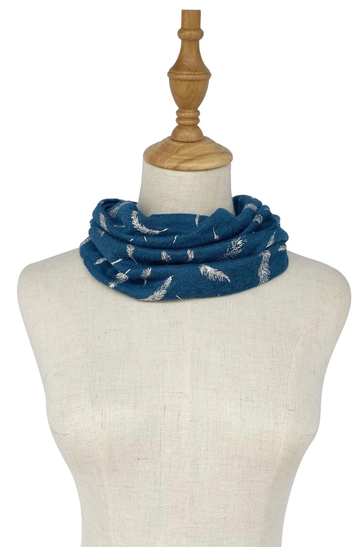 Silver Metallic Feather Print Snood - Teal Denim Blue