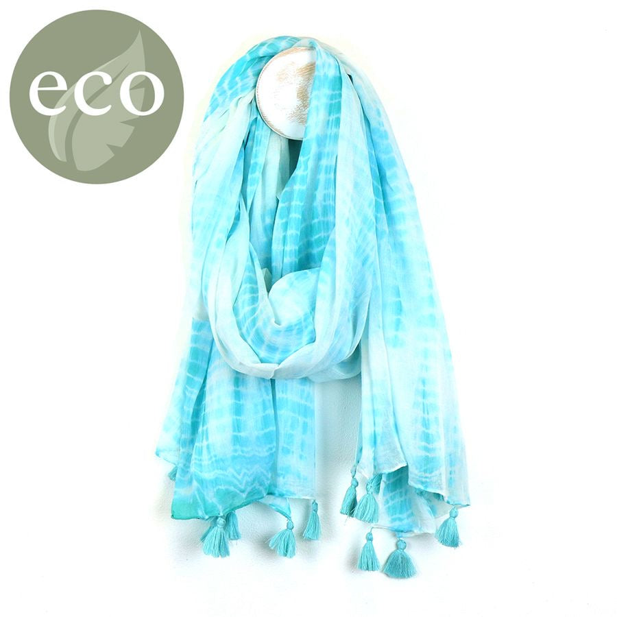 POM Aqua & White Cotton Tie-Dye Stripe Print Scarf with Tassels