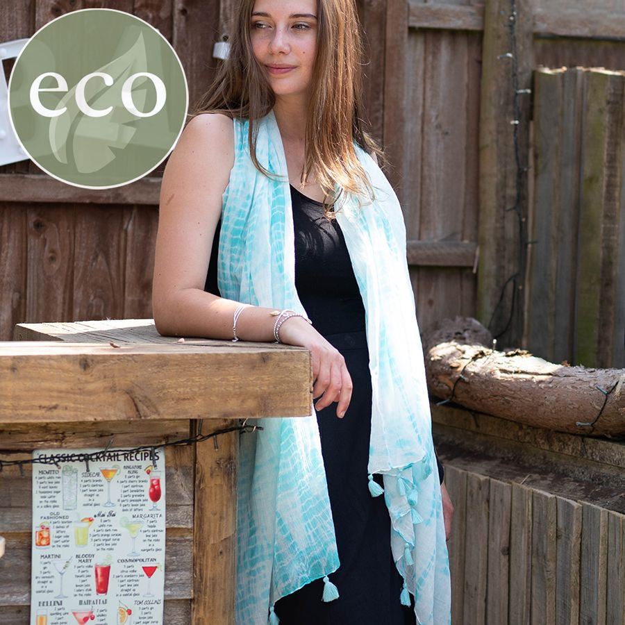 POM Aqua & White Cotton Tie-Dye Stripe Print Scarf with Tassels
