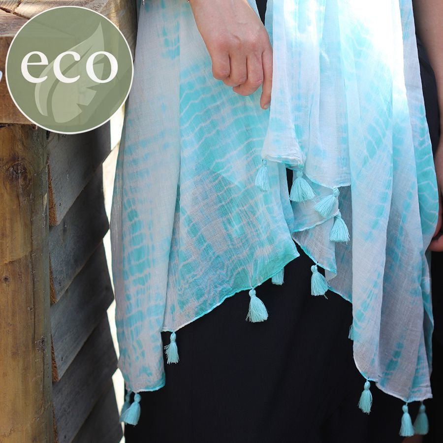 POM Aqua & White Cotton Tie-Dye Stripe Print Scarf with Tassels