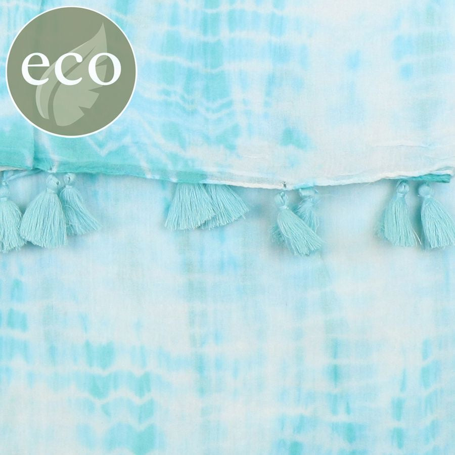 POM Aqua & White Cotton Tie-Dye Stripe Print Scarf with Tassels