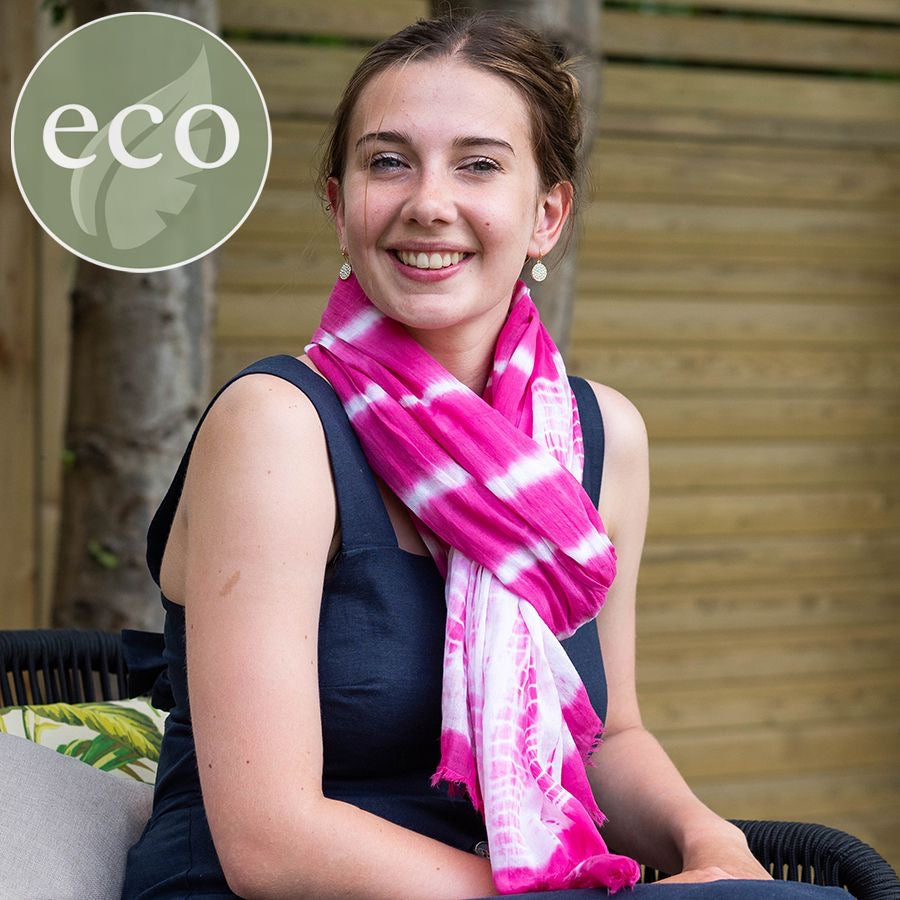 POM Magenta Pink & White Cotton Tie-Dye Stripe Print Scarf