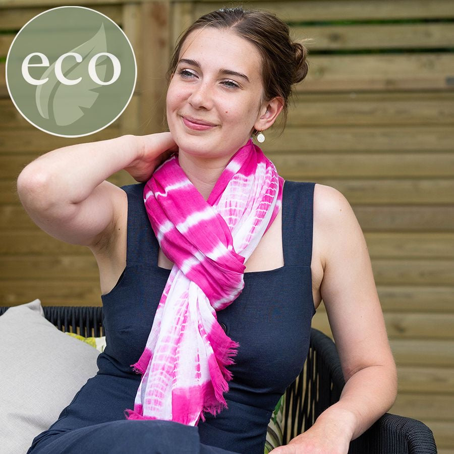 POM Magenta Pink & White Cotton Tie-Dye Stripe Print Scarf