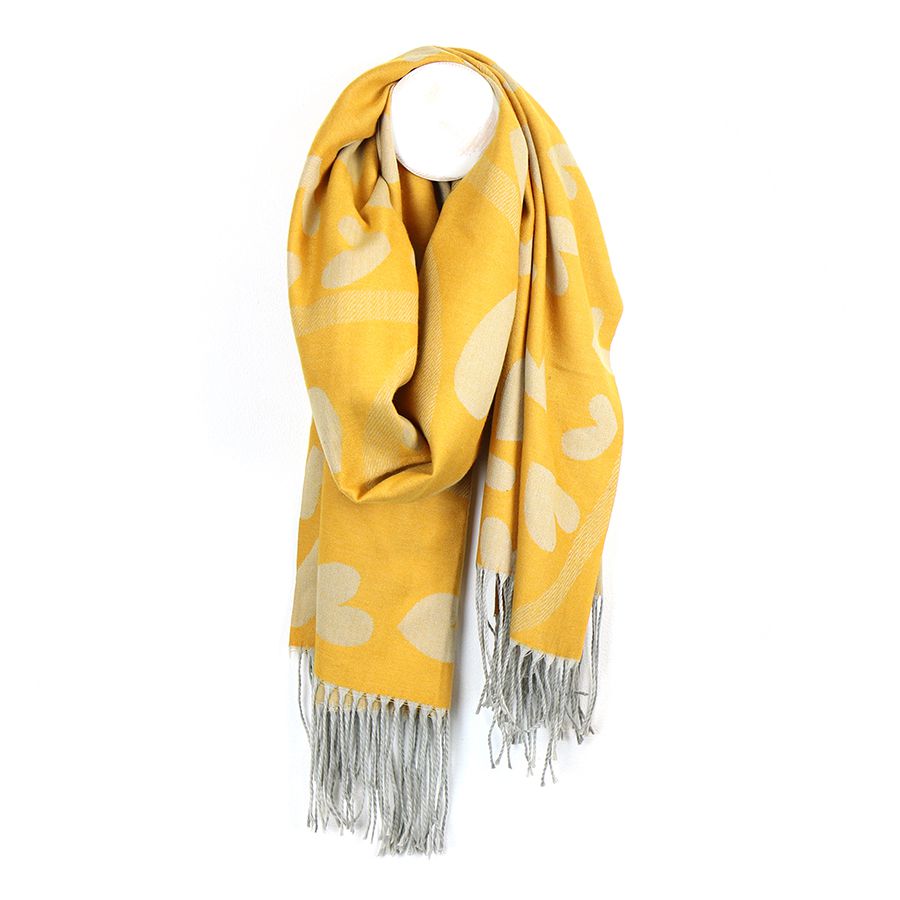 POM Yellow & Ecru Hearts Reversible Jacquard Scarf with Tassels