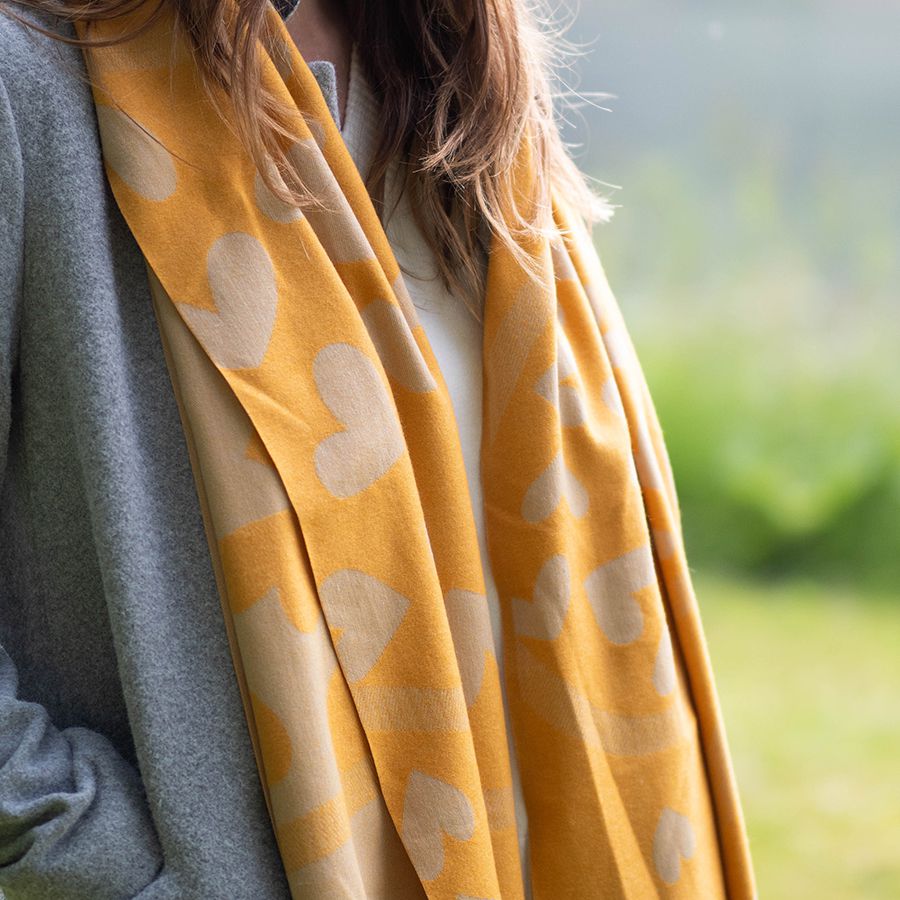 POM Yellow & Ecru Hearts Reversible Jacquard Scarf with Tassels