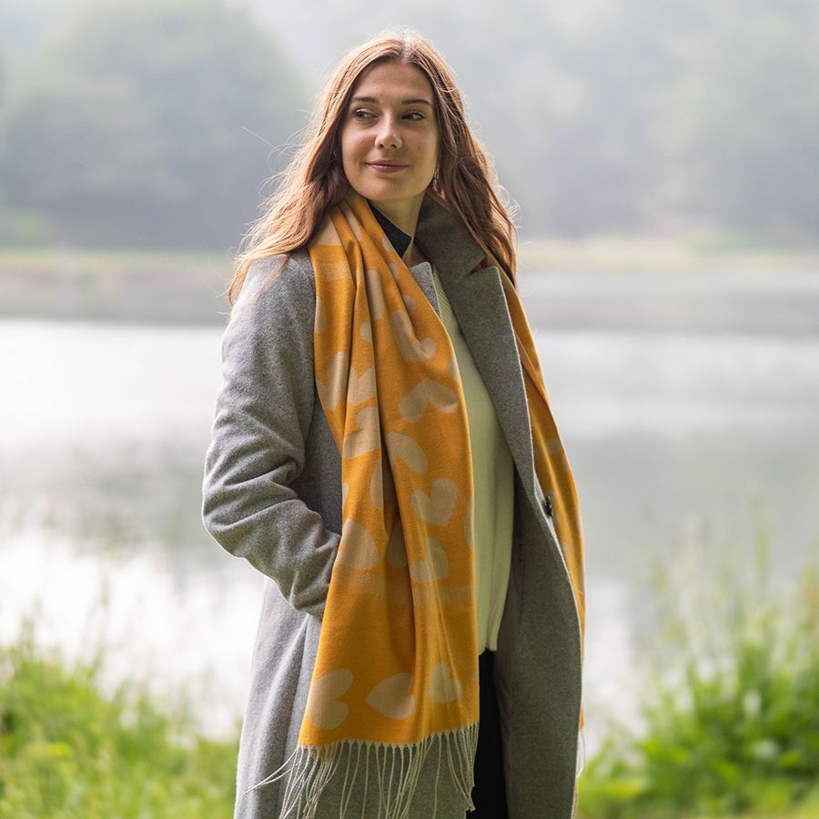 POM Yellow & Ecru Hearts Reversible Jacquard Scarf with Tassels