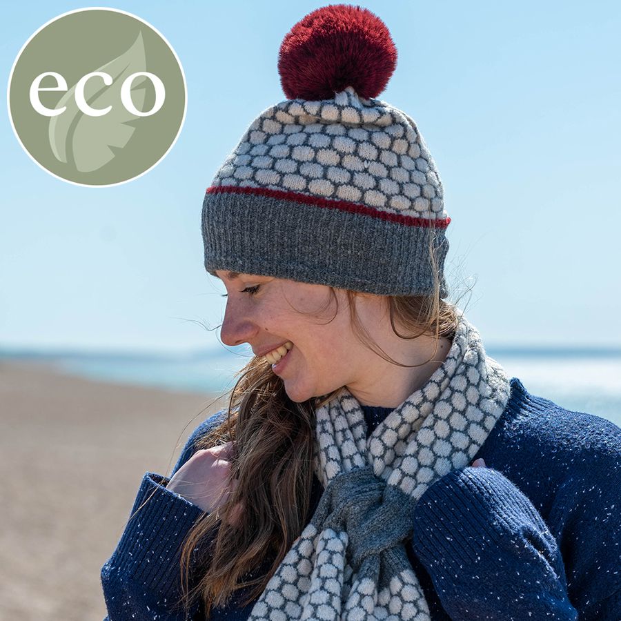 POM Dark Grey & Burgundy Popcorn Knit Pom Pom Hat
