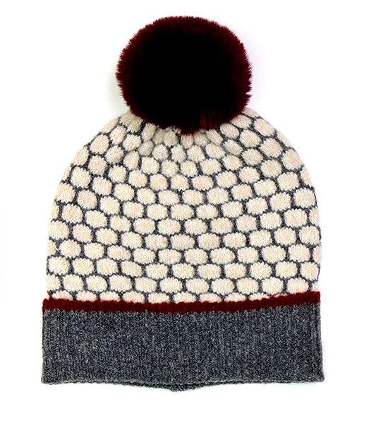 POM Dark Grey & Burgundy Popcorn Knit Pom Pom Hat