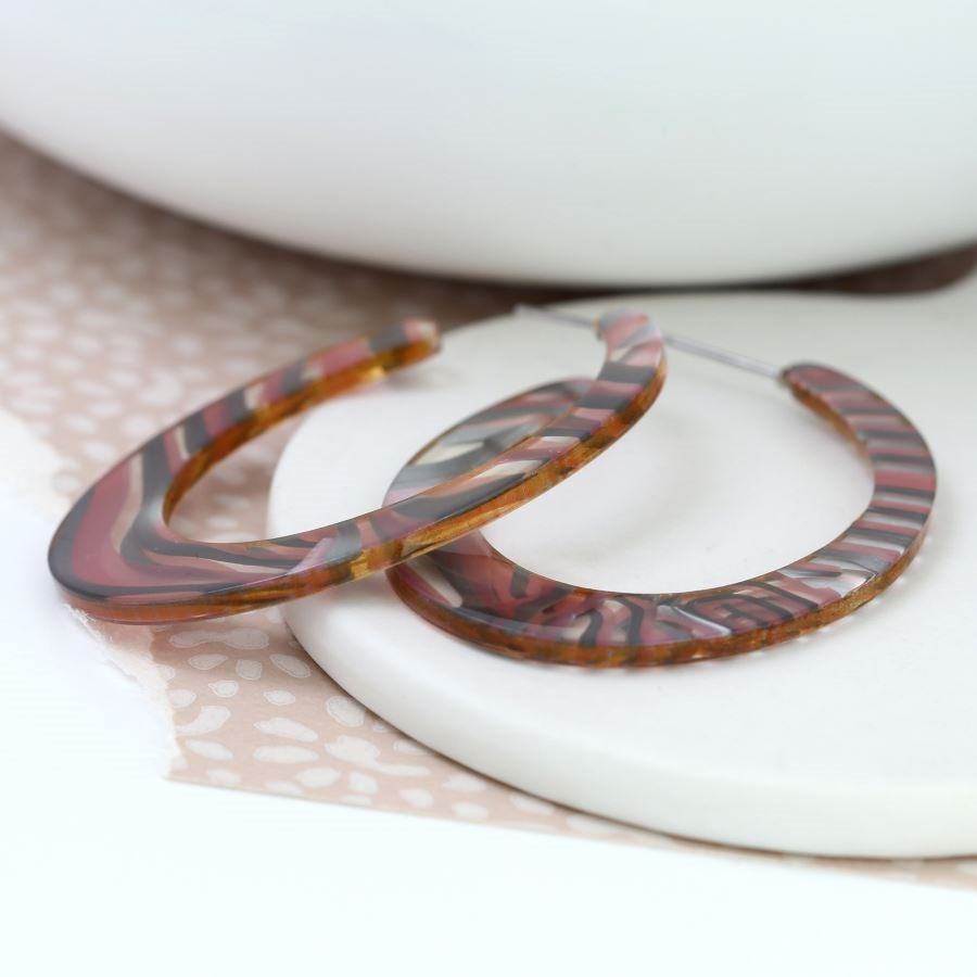 POM Grey & Pink /Mauve Resin Oval Hoop Earrings