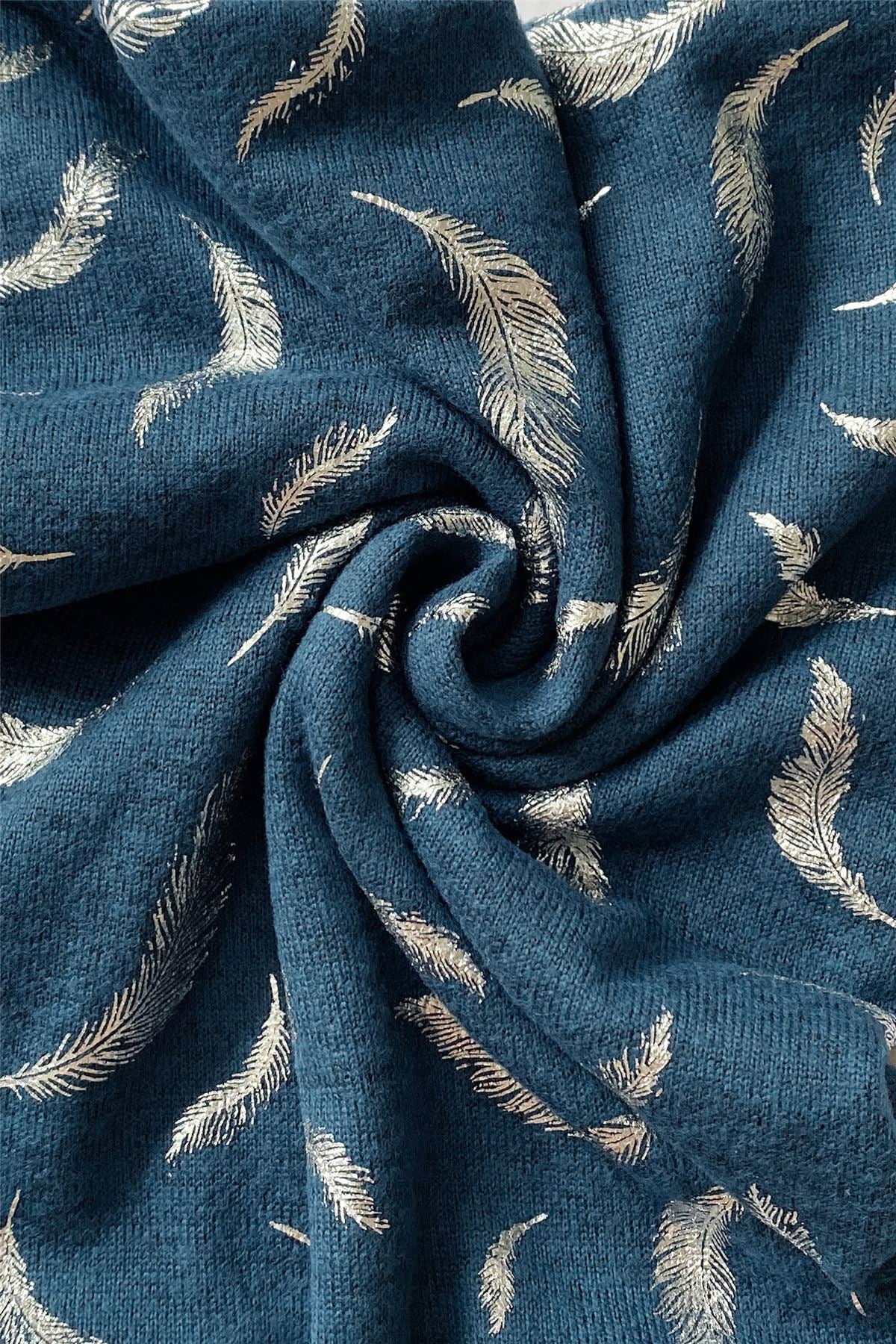 Silver Metallic Feather Print Snood - Teal Denim Blue