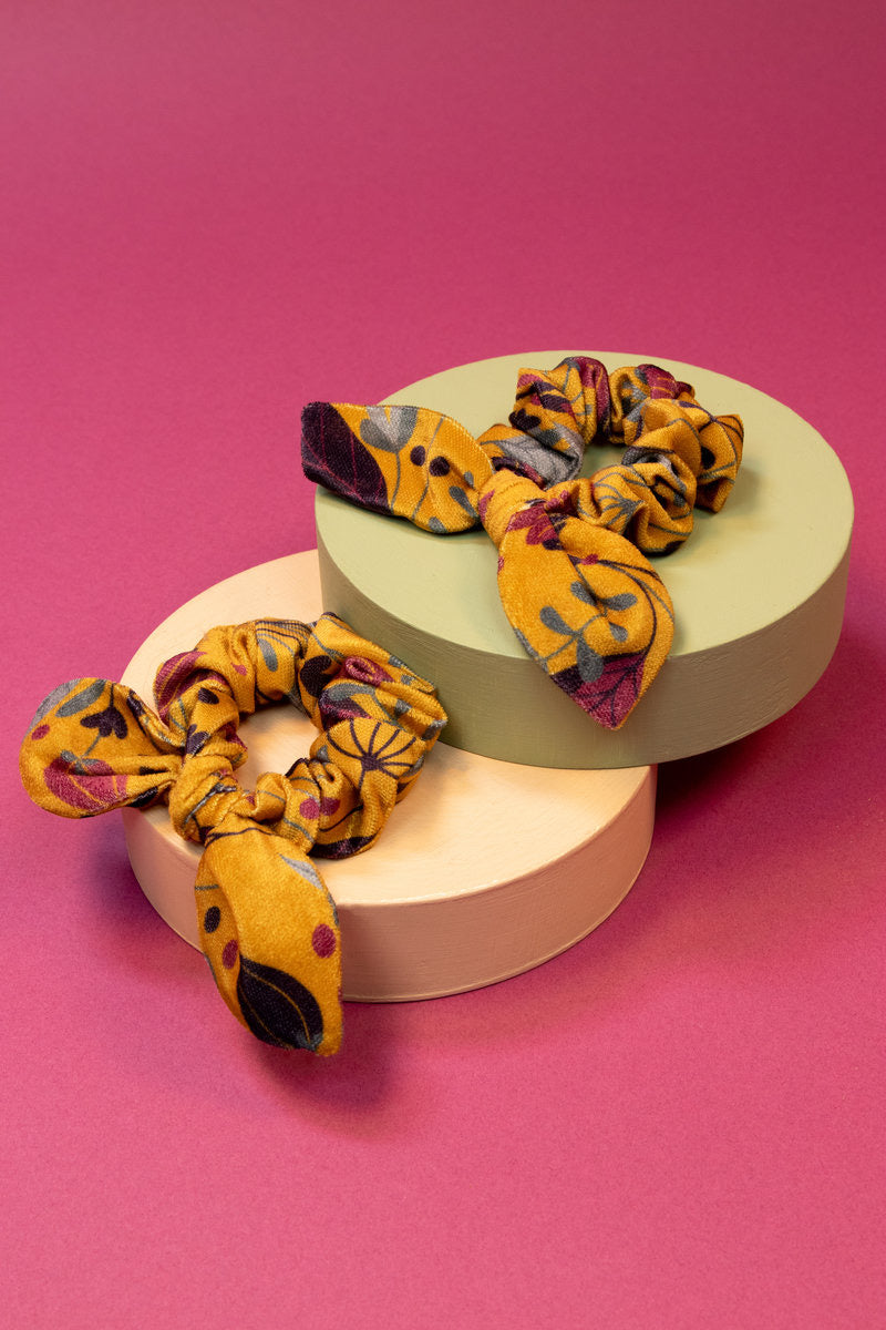 Powder Velvet Scrunchies (Pack of 2) - Floral - Mustard