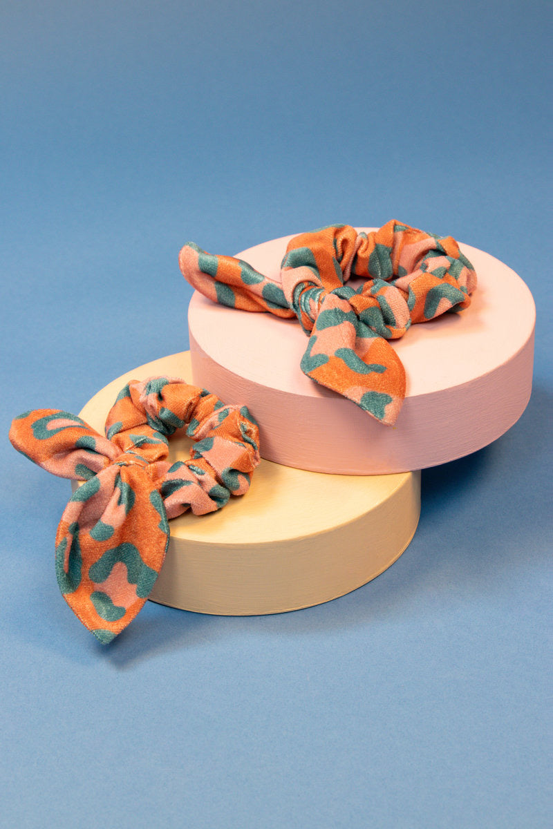 Powder Velvet Scrunchies (Pack of 2) - Leopard Print - Coral/Teal