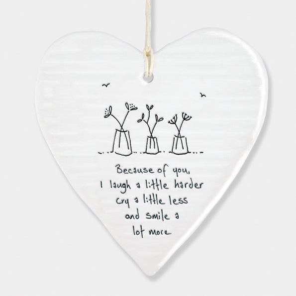 East of India Porcelain Wobbly Hanging Heart - Because of You