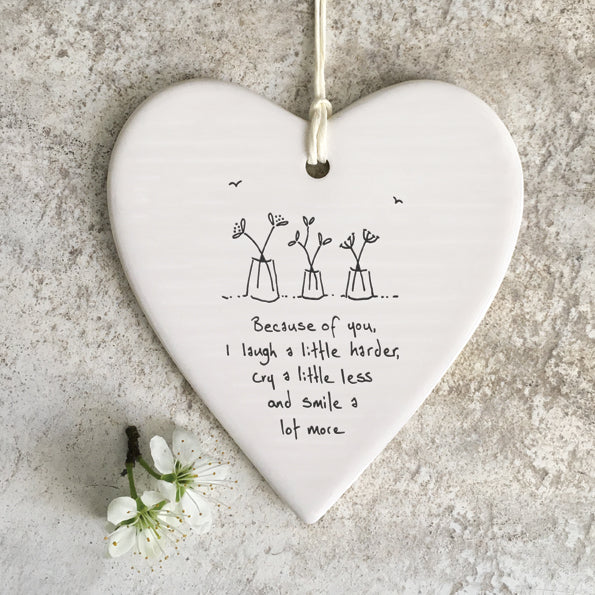 East of India Porcelain Wobbly Hanging Heart - Because of You