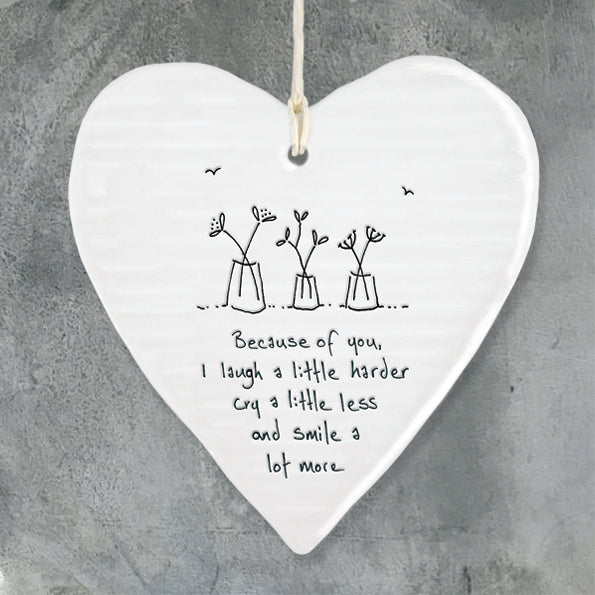 East of India Porcelain Wobbly Hanging Heart - Because of You