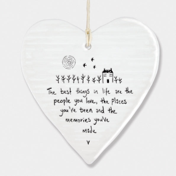 East of India Porcelain Wobbly Hanging Heart - People Places Memories