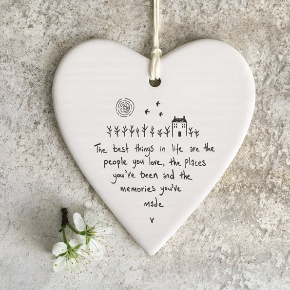 East of India Porcelain Wobbly Hanging Heart - People Places Memories